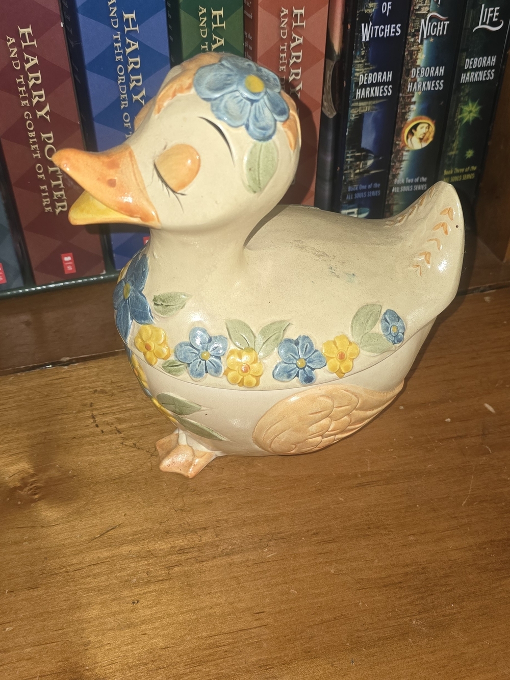 Floral Duck Container - Cream with Blue & Yellow Flowers